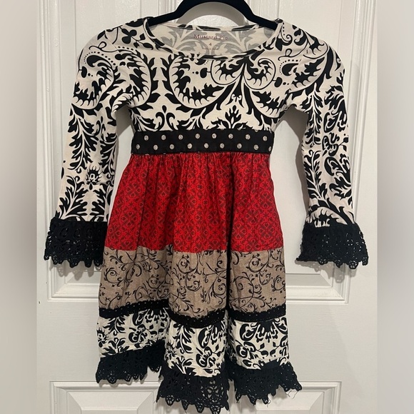 Mustard Pie Kids Red, Black, & White Damask Patchwork Dress with Lace Trim Sz 4 - Picture 5 of 13